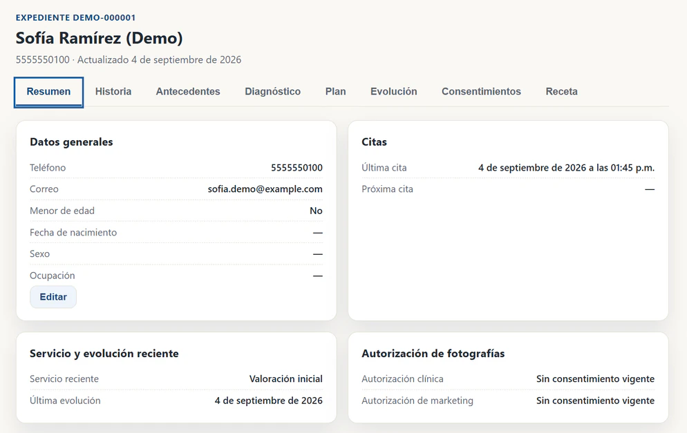 Expediente clínico de una paciente de demostración: pestañas de resumen, historia, antecedentes, diagnóstico, plan, evolución, consentimientos y receta, con tarjetas de datos generales, citas, servicio y evolución reciente, y autorización de fotografías.