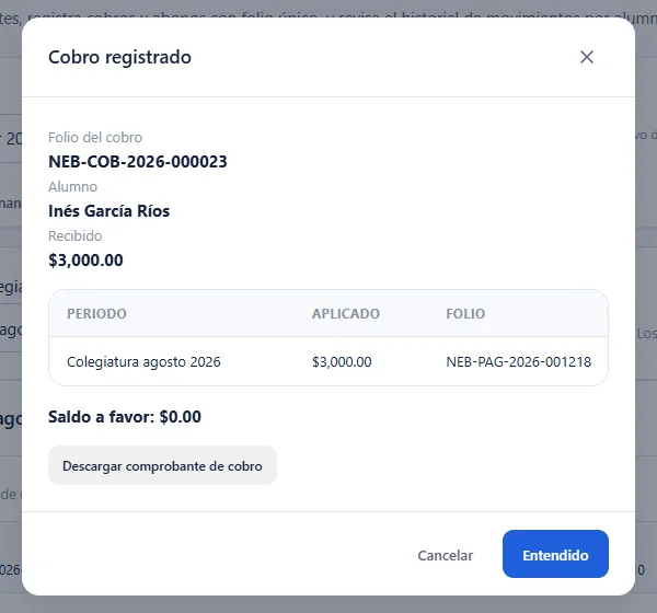 Cobro registrado en Finanzas y pagos: folio del cobro, alumno, importe recibido y periodo de colegiatura al que se aplicó.