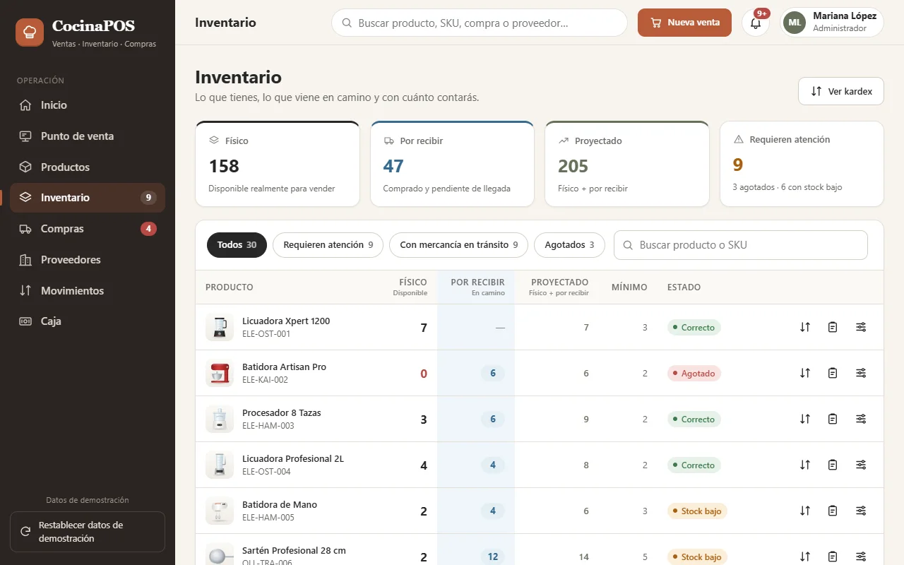 Inventario de ONLAB POS con columnas de existencia física, por recibir y proyectado, y el estado de cada producto