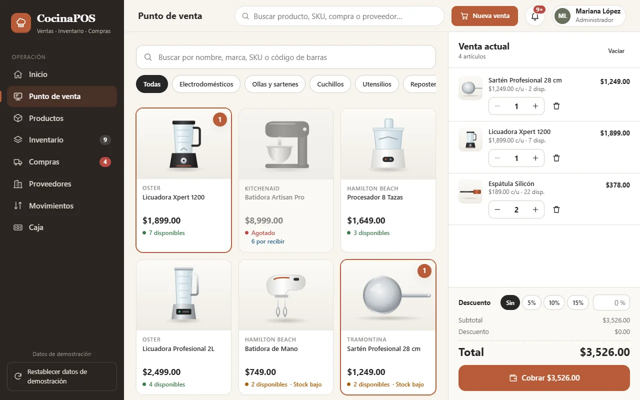Punto de venta de ONLAB POS con catálogo por categorías, disponibilidad de cada producto y carrito con el total a cobrar