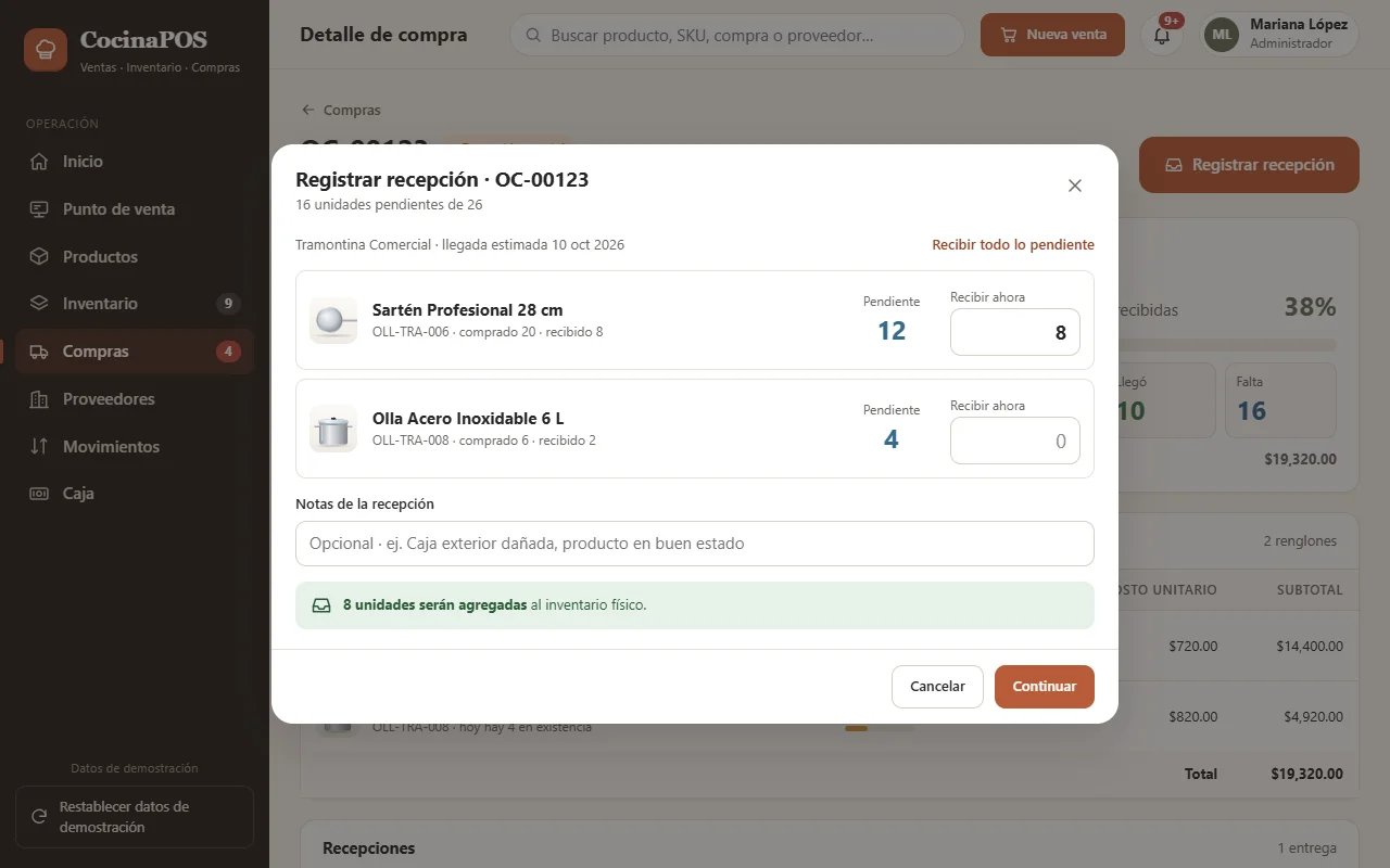 Registro de una recepción parcial: de 12 sartenes pendientes se reciben 8 y el sistema avisa que 8 unidades se agregarán al inventario físico