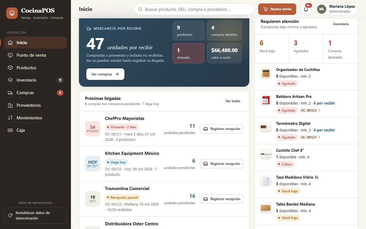 Tablero de ONLAB POS con mercancía por recibir, próximas llegadas de proveedores y productos que requieren atención