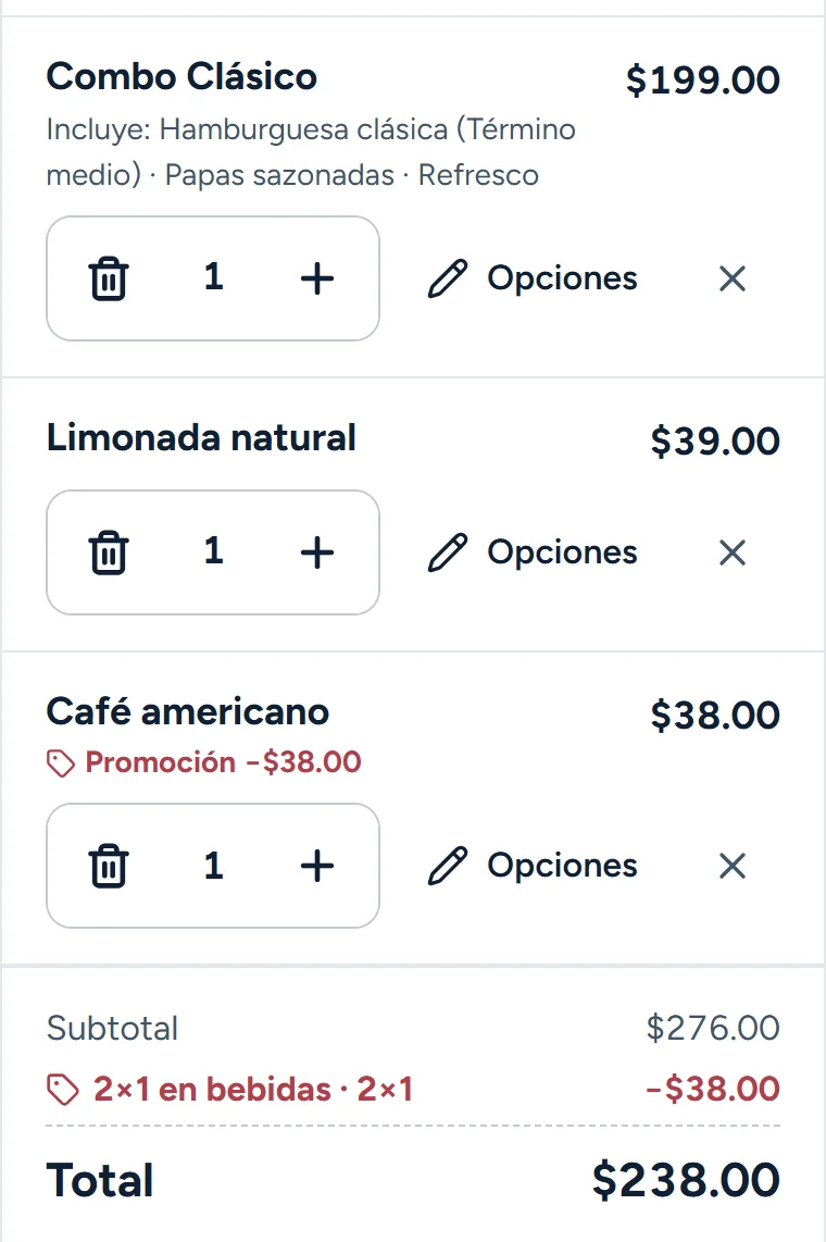 Pedido en el Punto de Venta con un Combo Clásico y sus productos, y el 2×1 en bebidas aplicado automáticamente al total.
