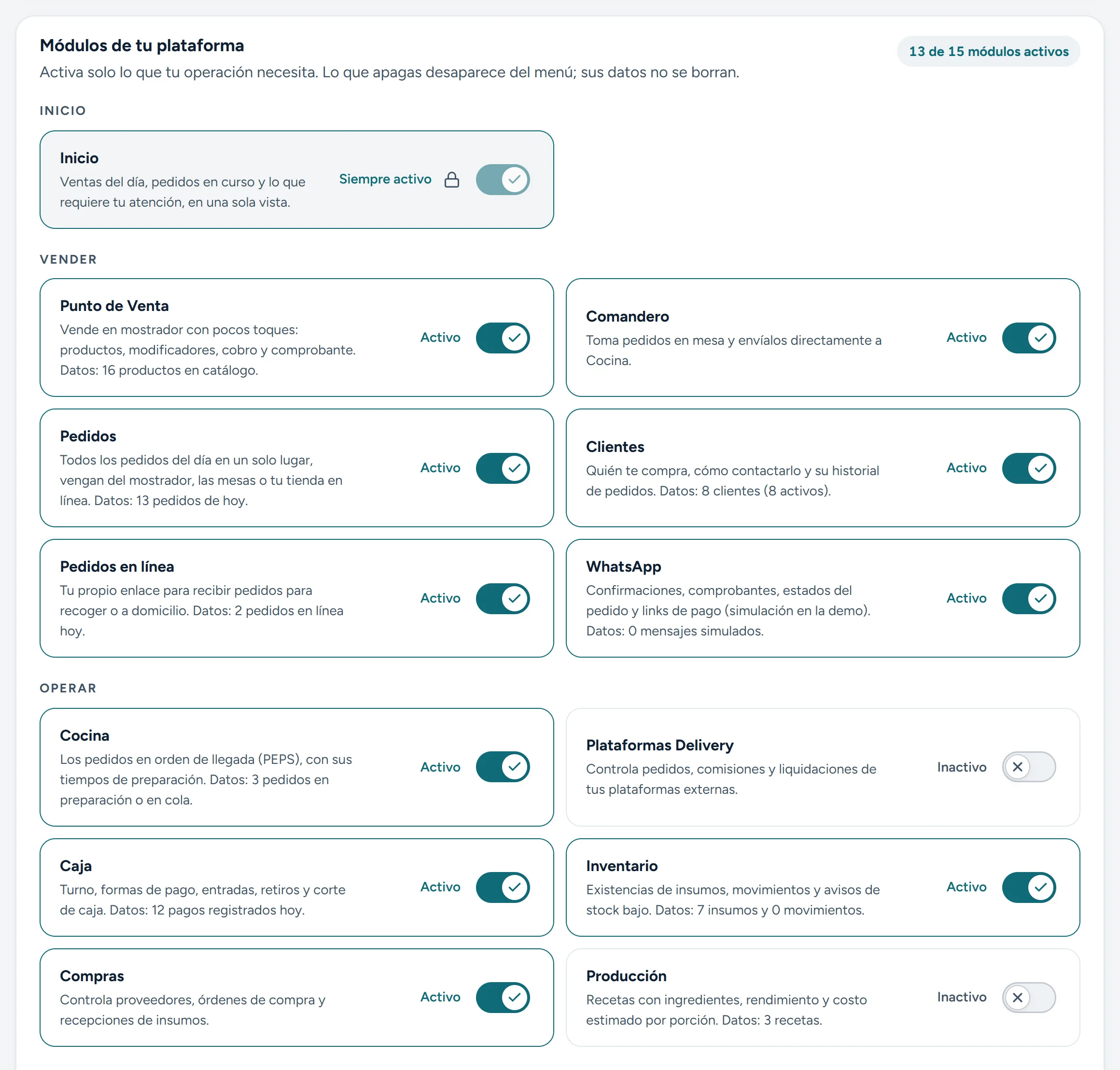 Configuración de módulos con varios activos y algunos apagados para adaptar la plataforma al negocio.